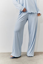 Blue Lettuce Hem Slogan Long Sleeve Top and Trouser PJ Set