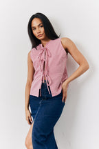 Red Seersucker Gingham Tie Front Top