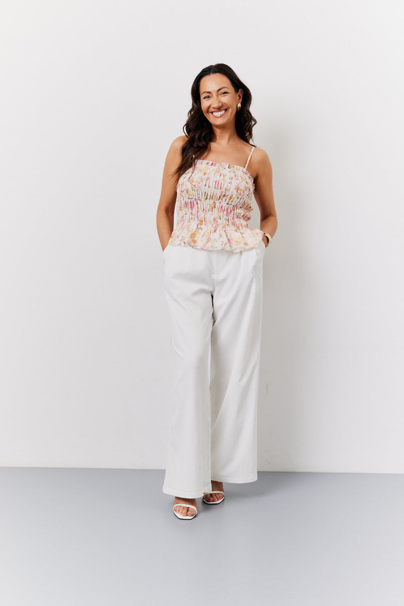Pink Floral Print Shirred Cami Top