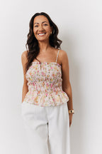 Pink Floral Print Shirred Cami Top