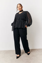 Black Polka Dot Tie Neck Blouse