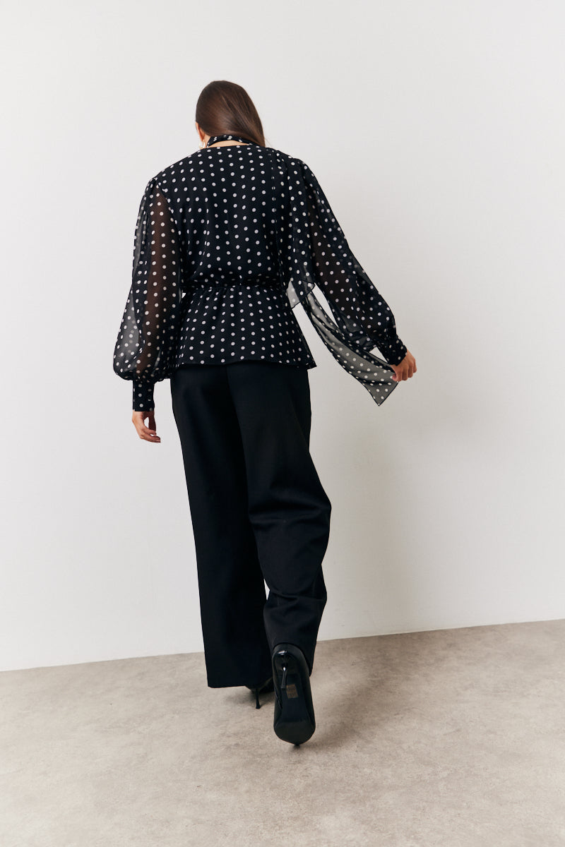Black Polka Dot Tie Neck Blouse