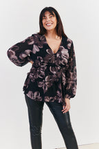 Floral V Neck Frill Detail Blouse