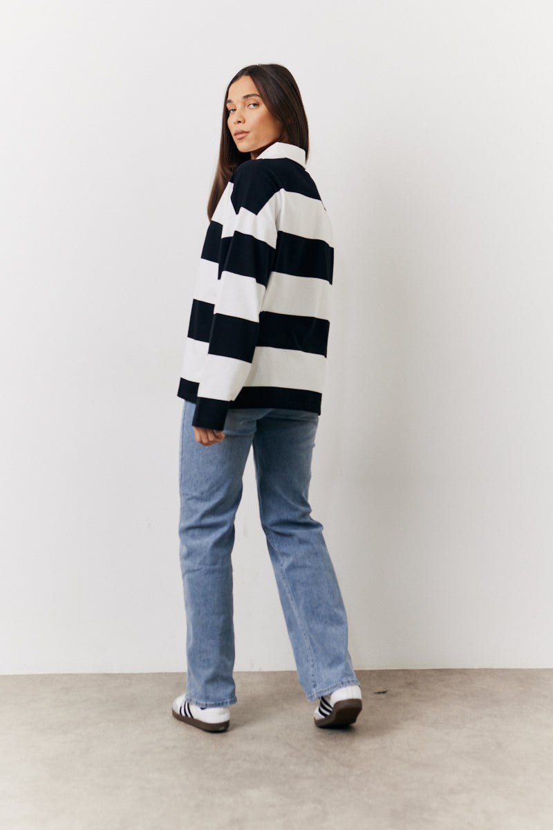 Black & White 90's Stripe Long Sleeve Rugby Shirt