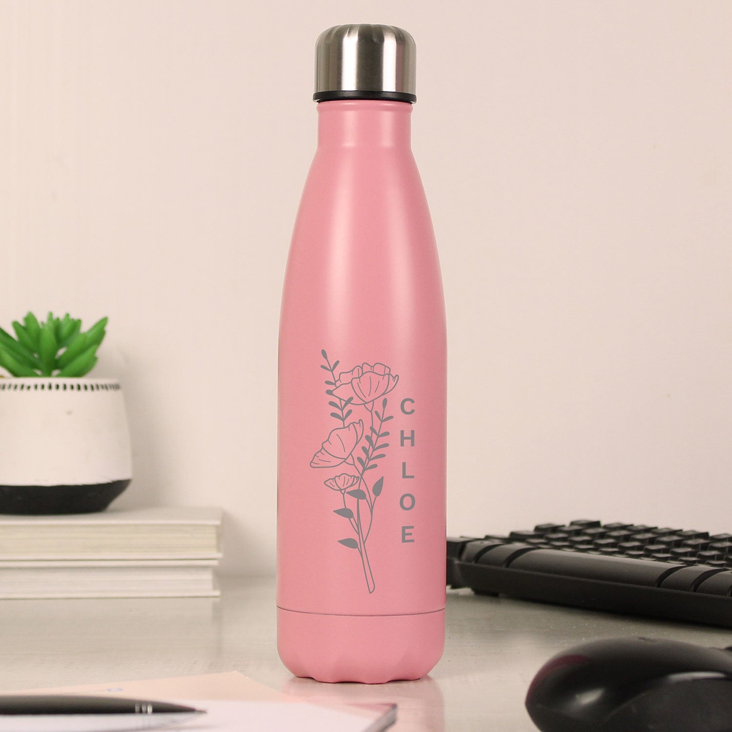 Personalised Pink Floral Stainless Steel 500ml Bottle