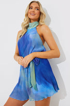 Plisse Abstract Halterneck Belted Playsuit
