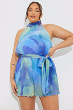 Plisse Abstract Halterneck Belted Playsuit