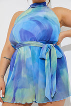 Plisse Abstract Halterneck Belted Playsuit