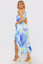 Racer Neck Abstract Print Satin Frill Belted Midaxi Dress