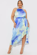 Racer Neck Abstract Print Satin Frill Belted Midaxi Dress