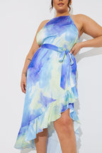 Racer Neck Abstract Print Satin Frill Belted Midaxi Dress