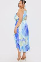 Racer Neck Abstract Print Satin Frill Belted Midaxi Dress