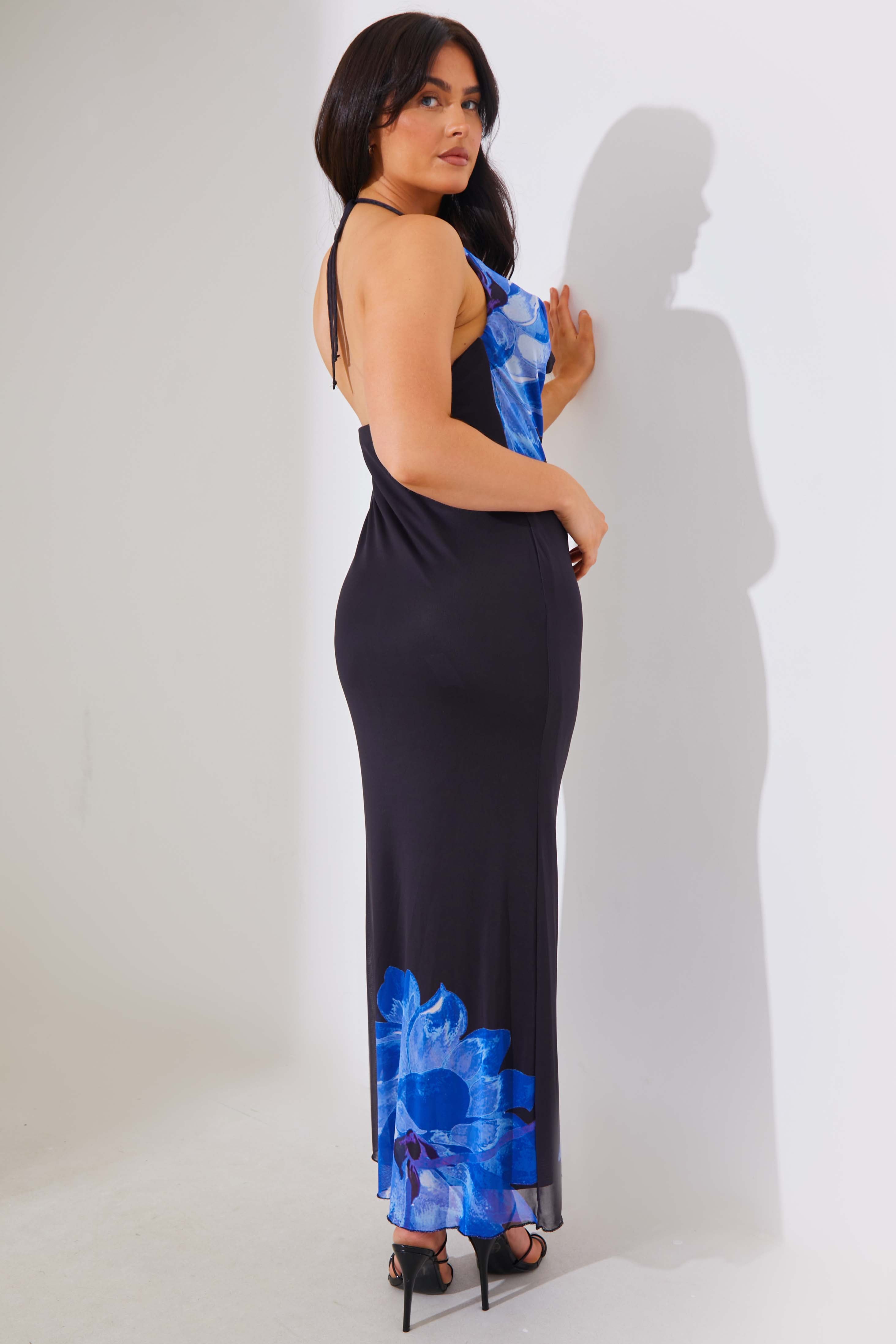 Mesh Floral Halterneck Cowl Maxi Dress