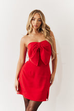Red Bandeau Bow Front Split Hem Mini Dress