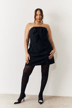 Black Bandeau Bow Front Split Hem Mini Dress