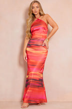 Satin Abstract Print Halterneck Midaxi Dress