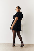 Black Sequin Floral Applique Fit and Flare Mini Dress
