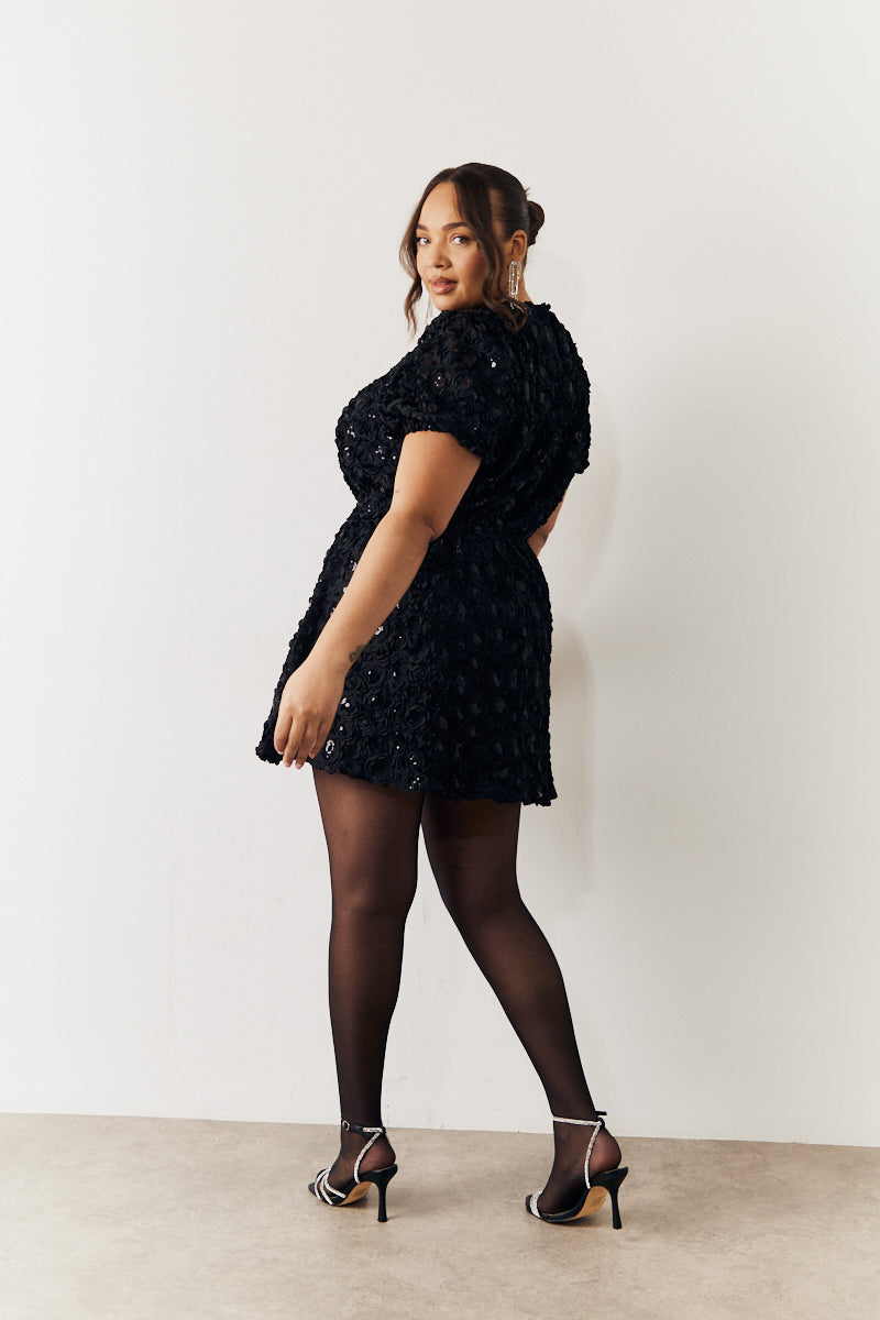Black Sequin Floral Applique Fit and Flare Mini Dress