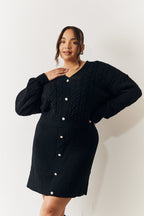 Black Cable Knitted Diamante Button Mini Dress
