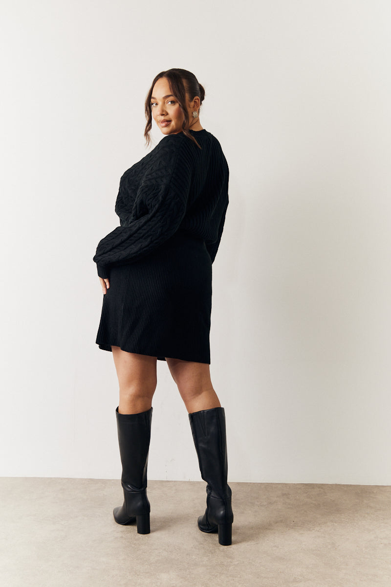 Black Cable Knitted Diamante Button Mini Dress