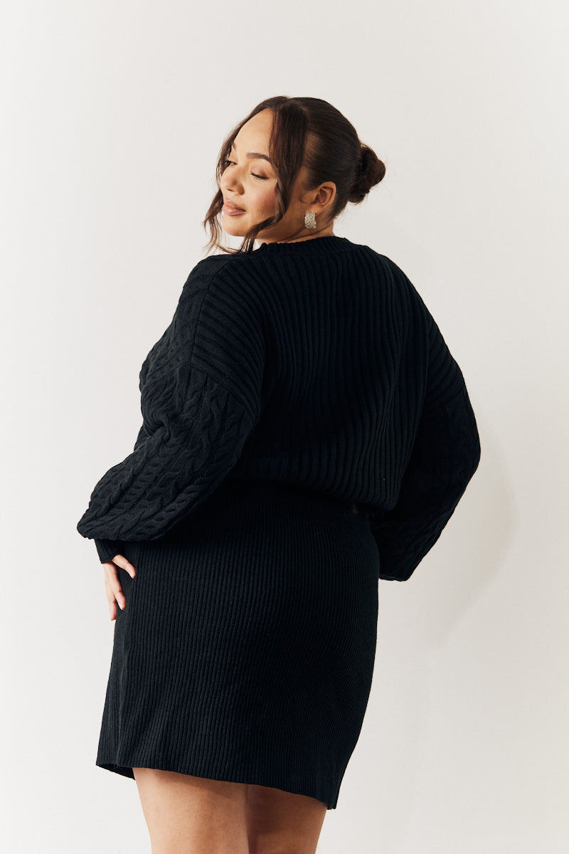 Black Cable Knitted Diamante Button Mini Dress