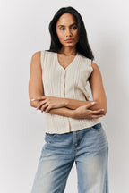 Ecru Ribbed Button Up Knitted Waistcoat