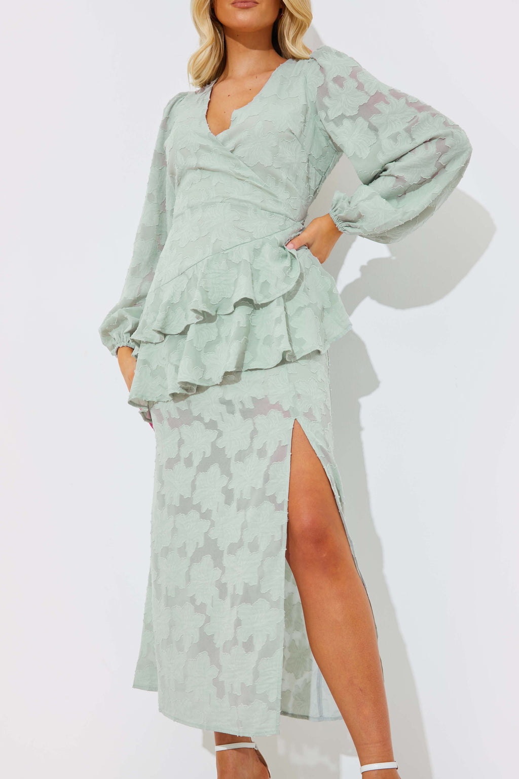 Jacquard Asymmetric Frill Wrap Midaxi Dress