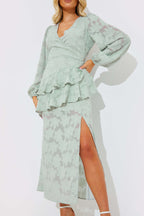 Jacquard Asymmetric Frill Wrap Midaxi Dress