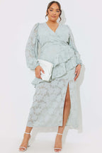 Jacquard Asymmetric Frill Wrap Midaxi Dress