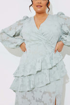 Jacquard Asymmetric Frill Wrap Midaxi Dress