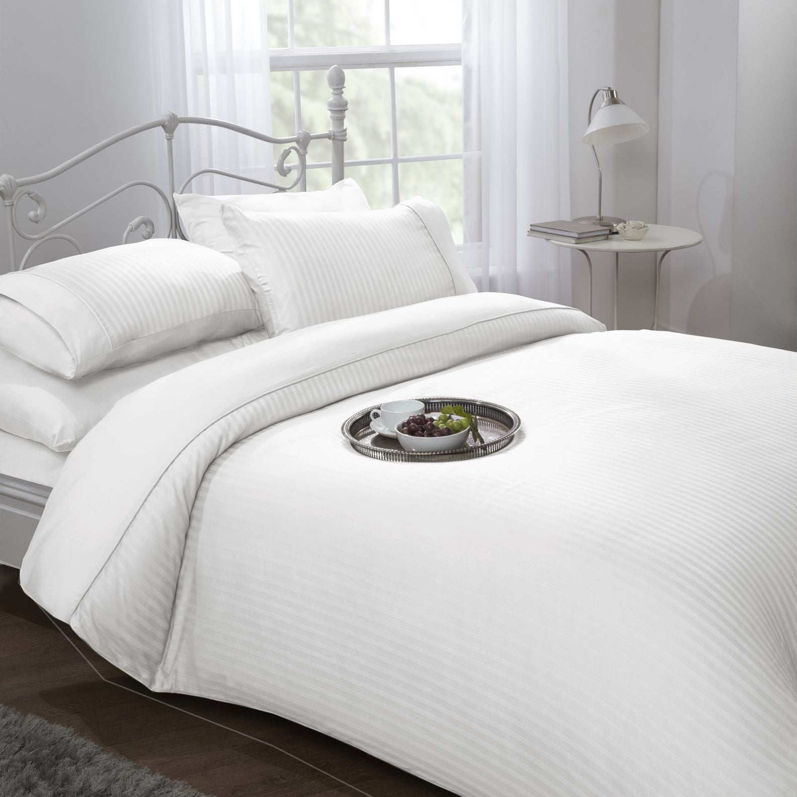 White Ritz 300 Thread Count 100% Cotton Satin Stripe Duvet Set