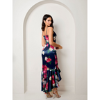 Chi Chi London Sleeveless Floral Print Ruffle Hem Midi Dress in Navy