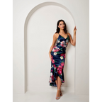 Chi Chi London Sleeveless Floral Print Ruffle Hem Midi Dress in Navy