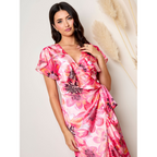 Chi Chi London Flutter Sleeve Satin Wrap Dress in Pink
