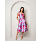 Sleeveless Floral Fit and Flare Midi Dress in Blue