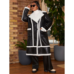 Chi Chi London Plus Size Contrast Trim Belted Shearling Coat in Black
