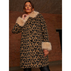 Chi Chi London Leopard Print Contrast Faux Fur Trim Coat in Brown