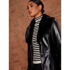 Chi Chi London Faux Leather Longline Coat with Faux Fur Trim in Black