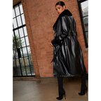 Chi Chi London Faux Leather Longline Coat with Faux Fur Trim in Black