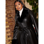 Chi Chi London Plus Size Faux Leather Longline Coat with Faux Fur Trim in Black