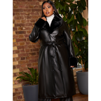 Chi Chi London Plus Size Faux Leather Longline Coat with Faux Fur Trim in Black