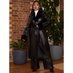 Chi Chi London Plus Size Faux Leather Longline Coat with Faux Fur Trim in Black
