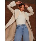 Chi Chi London Faux Leather Longline Coat with Faux Fur Trim in Taupe