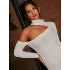 Chi Chi London Cut-Out Long Sleeve Knitted Rib Dress in White