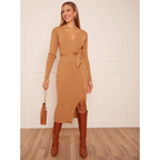 Chi Chi London Wrap Split Side Knitted Midi Dress in Camel