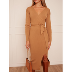 Chi Chi London Wrap Split Side Knitted Midi Dress in Camel