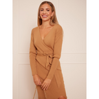Chi Chi London Wrap Split Side Knitted Midi Dress in Camel