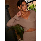 Chi Chi London Flute Sleeve Wrap Detail Rib Knit Top in Mocha