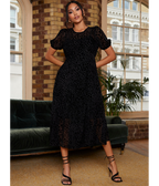 Chi Chi London Short Sleeve Sheer Detail Dobby Midi Dress in Black