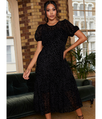 Chi Chi London Short Sleeve Sheer Detail Dobby Midi Dress in Black